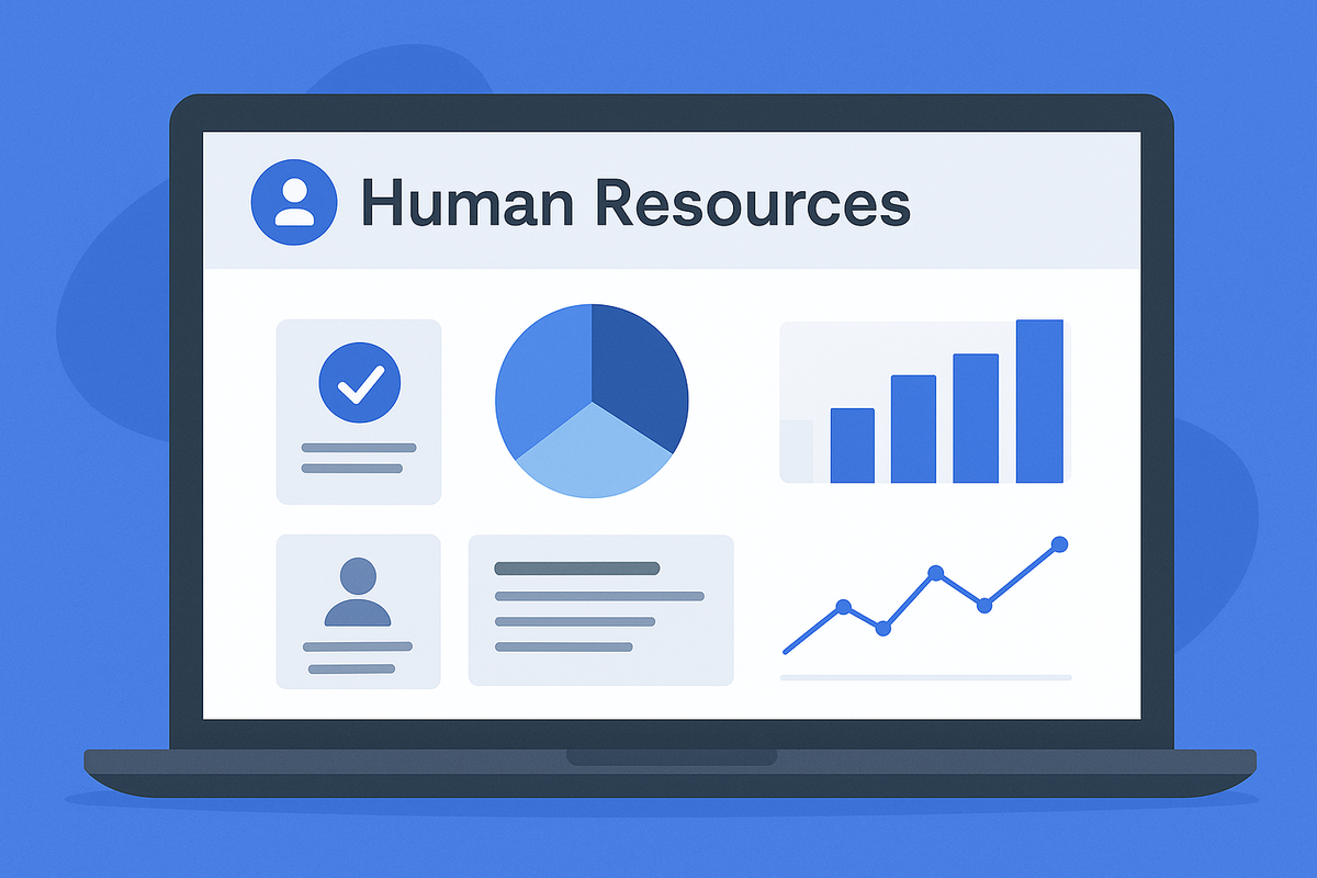 A sleek analytics dashboard showing HR KPIs like turnover, headcount, performance, and payroll.